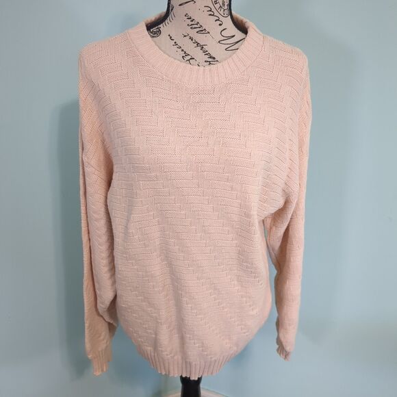 Vintage 90s Peconic Bay Traders Sweater Large Made in USA Beige Cotton fisherman - Picture 1 of 5